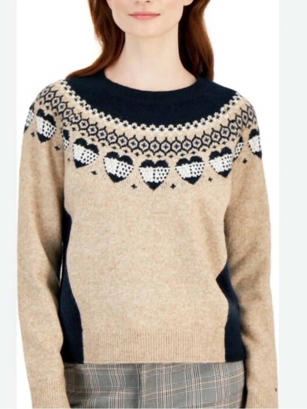 Tommy Hilfiger Beige and Navy Fair Isle Crewneck Sweater
